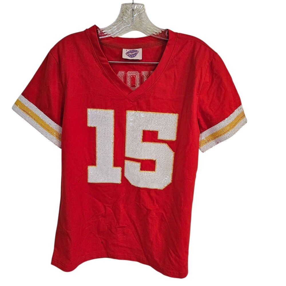 Sparkle‎ City Chiefs Mahomes Jersey Kansas City Women Football Sequin Shirt Sz L